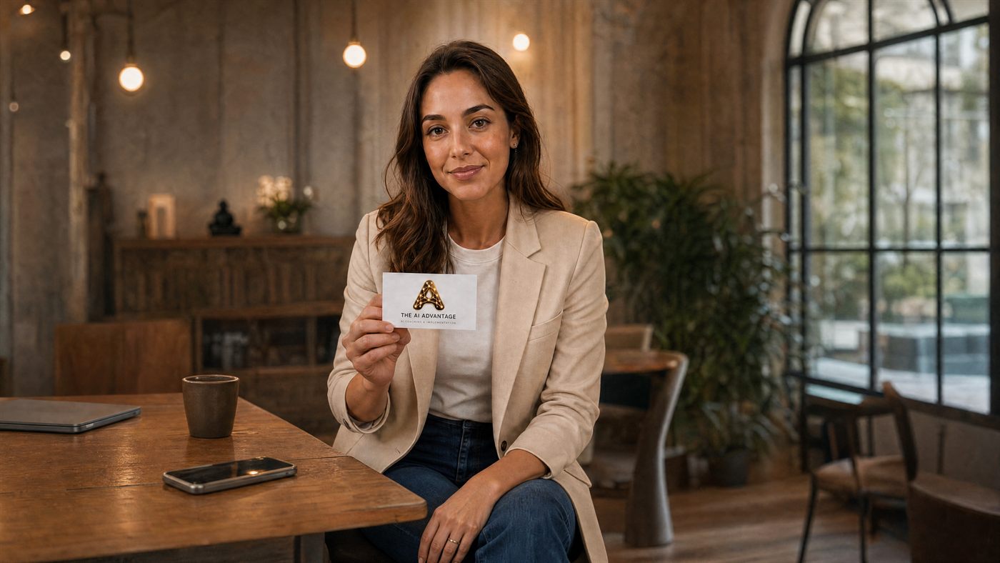 A professional reviewing AI tools at a warm cafe table.